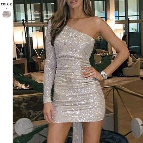 Dame Elegant Minikjole med asymmetrisk ærme og skinnende materiale Stilla