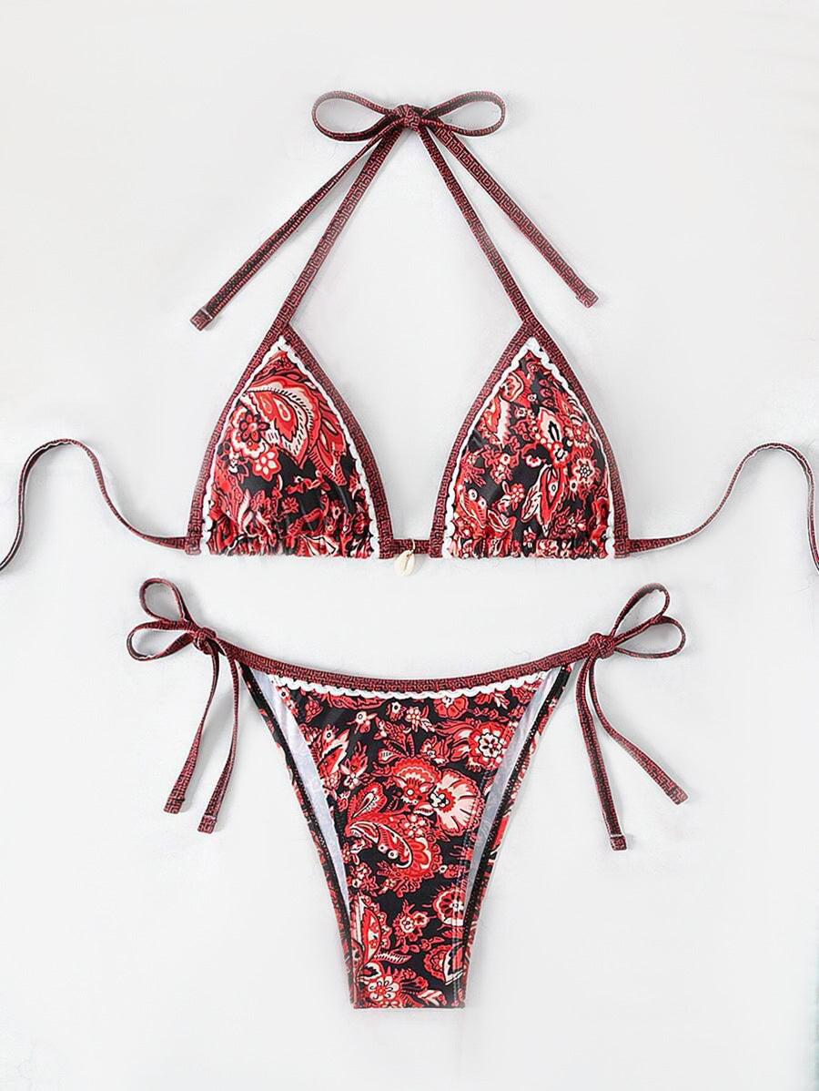 Dame Triangel-Bikini-Sæt med justerbare bindebånd og blomstermotiv Skovae