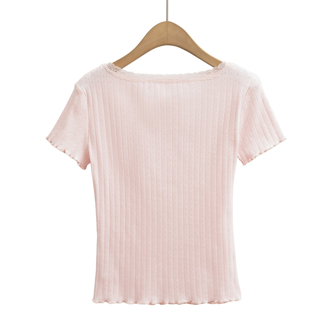 Dame elegant rib-top med romantiske spidsdetaljer og charmerende snit Stilla