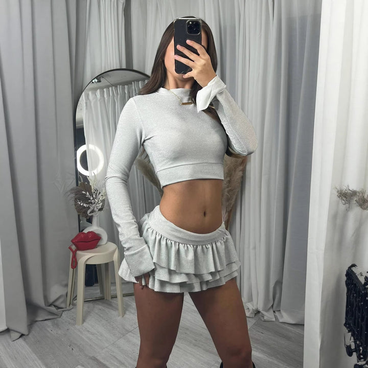 Kvindernes fashionable crop top og plisseret mini nederdel sæt Skovae