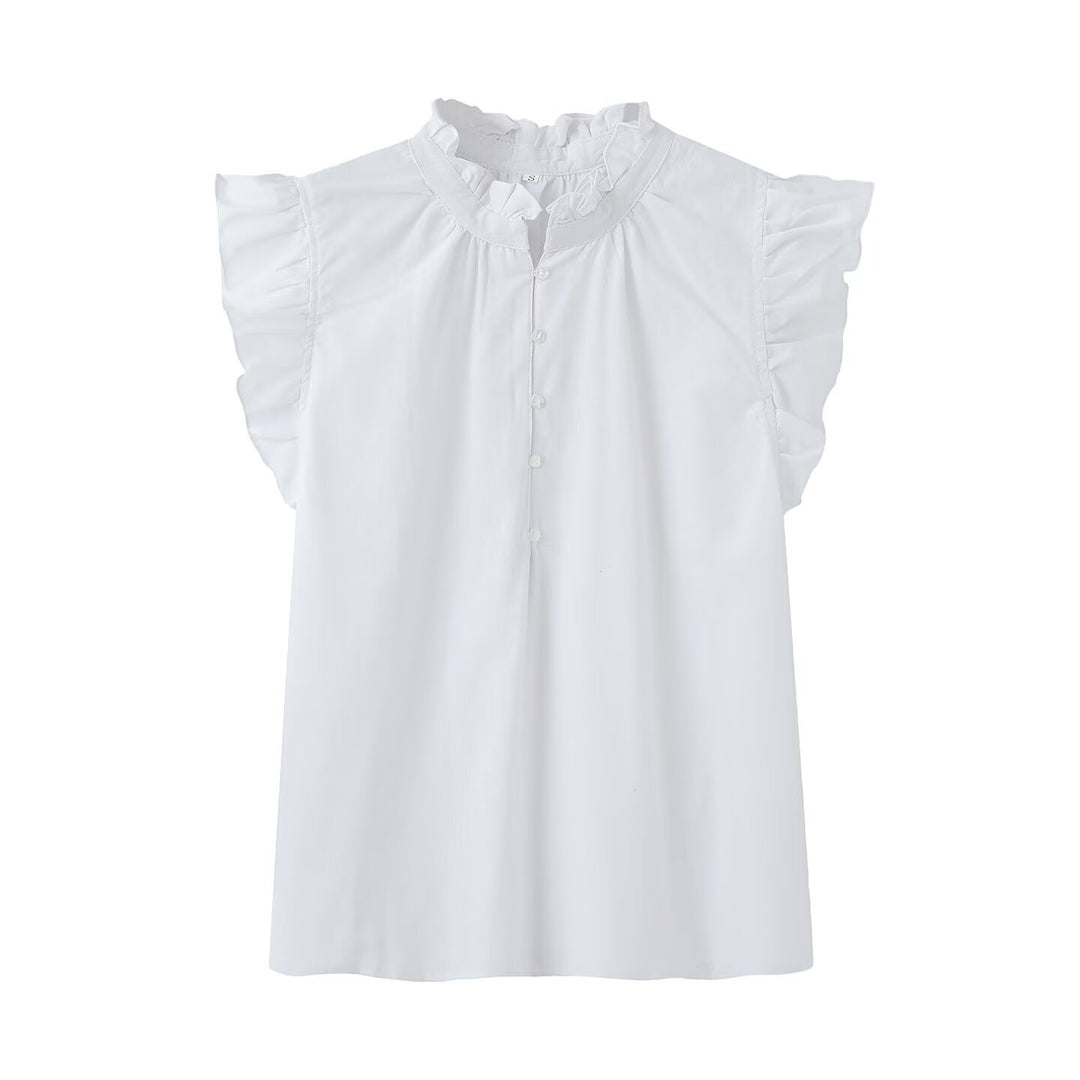 Damebluse med rynkedetaljer og knapliste Skovae