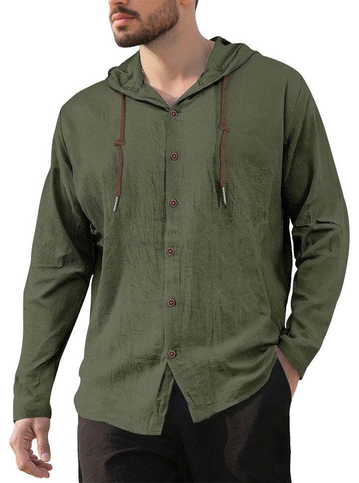 Herrer nan tekstureret linnedblandings-hoodie med gennemgående knoplukning, træknapper og sidespalter Skovae