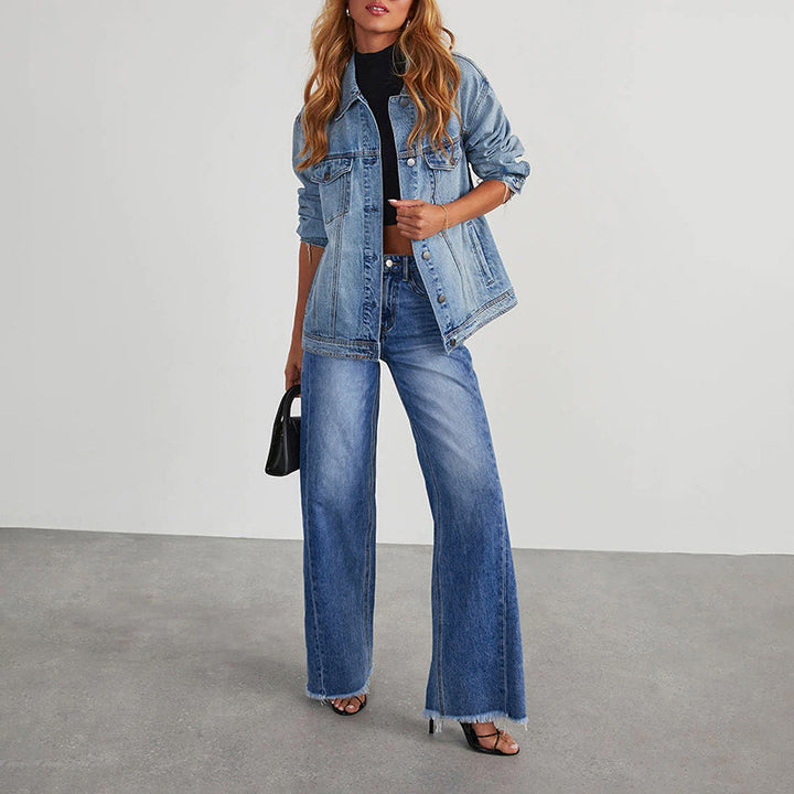 Dame løst skåret højtaljede jeans med frynset søm Stilla