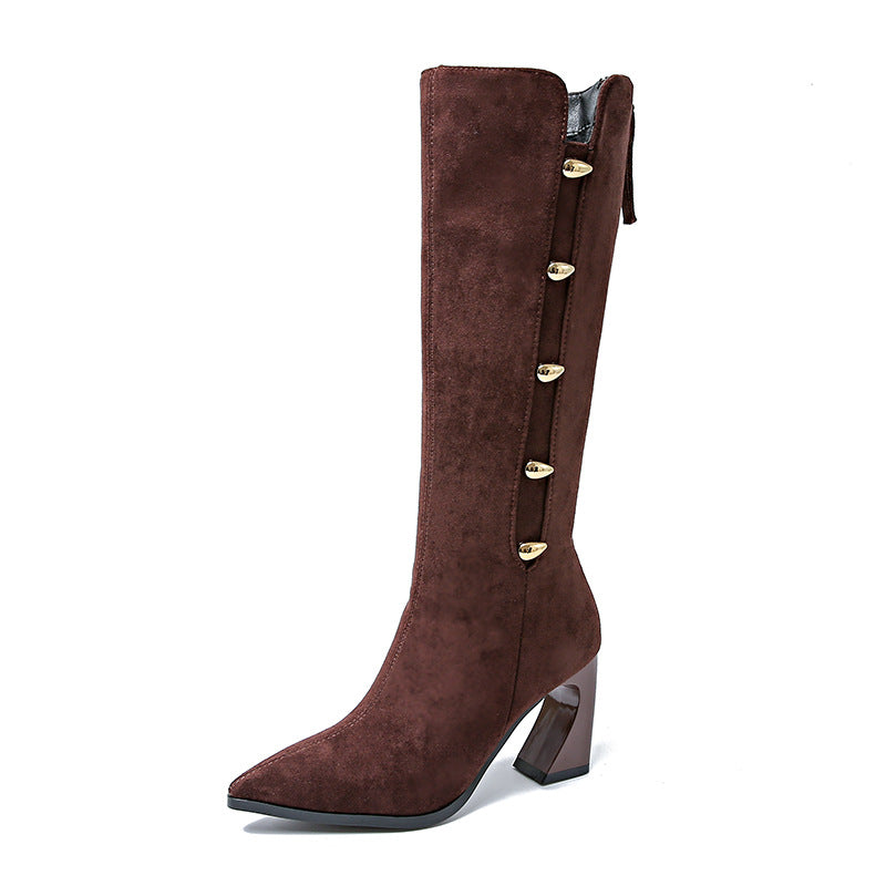 Femme Spidse Hæl Chunky Heel Knælange Støvler med dekorative Knapper Stilla