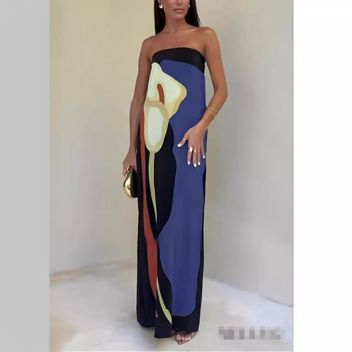 Dame Strapless Maxikjole med kunstnerisk mønster Stilla