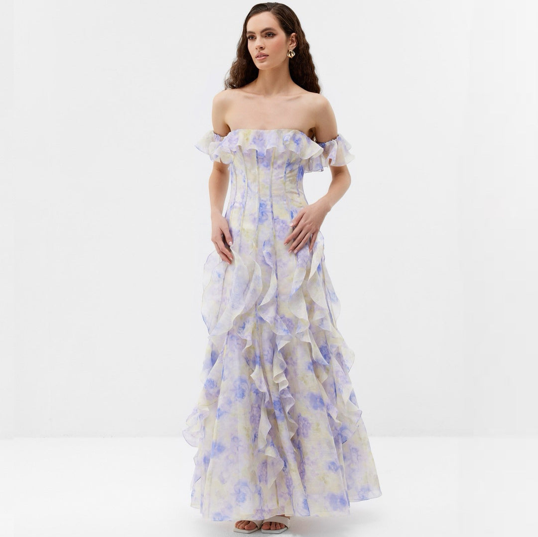 Dame Off-Shoulder Aftenkjole med flæseprydet chiffon og figurnær pasform Stilla