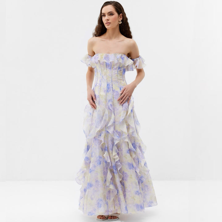 Dame Off-Shoulder Aftenkjole med flæseprydet chiffon og figurnær pasform Stilla