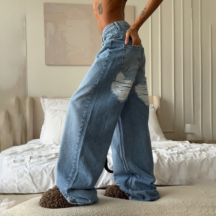 Kvindernes Bred Skåret Jeans med Ødelagte Detaljer Stilla