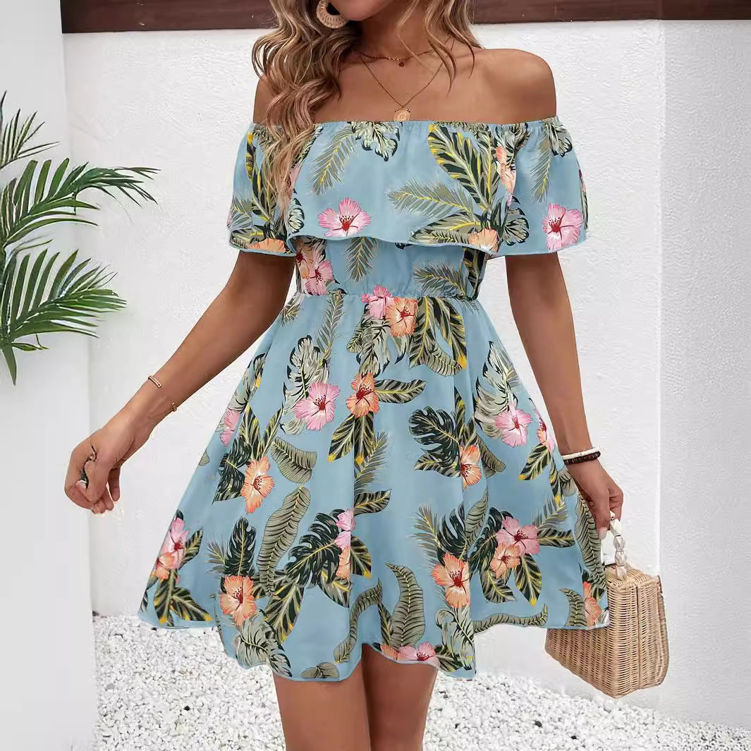 Dame off-shoulder midikjole med volangtop, elastisk talje og udstående A-linje nederdel Skovae