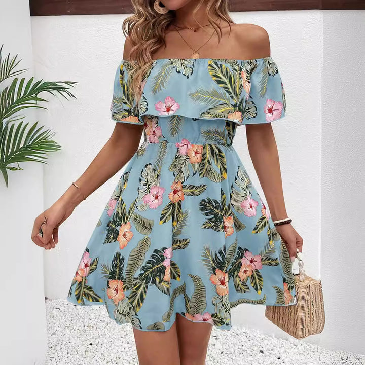 Dame off-shoulder midikjole med volangtop, elastisk talje og udstående A-linje nederdel Skovae