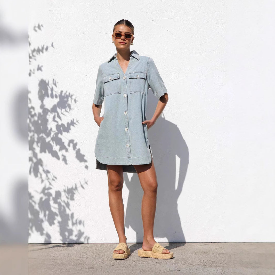 Dame jeans skjortekjole med praktiske brystlommer og moderne kortærmet stil