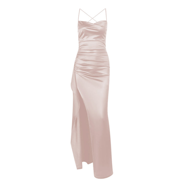 Dame elegant satin kjole med dyb slids og justerbare spaghetti stropper Skovae