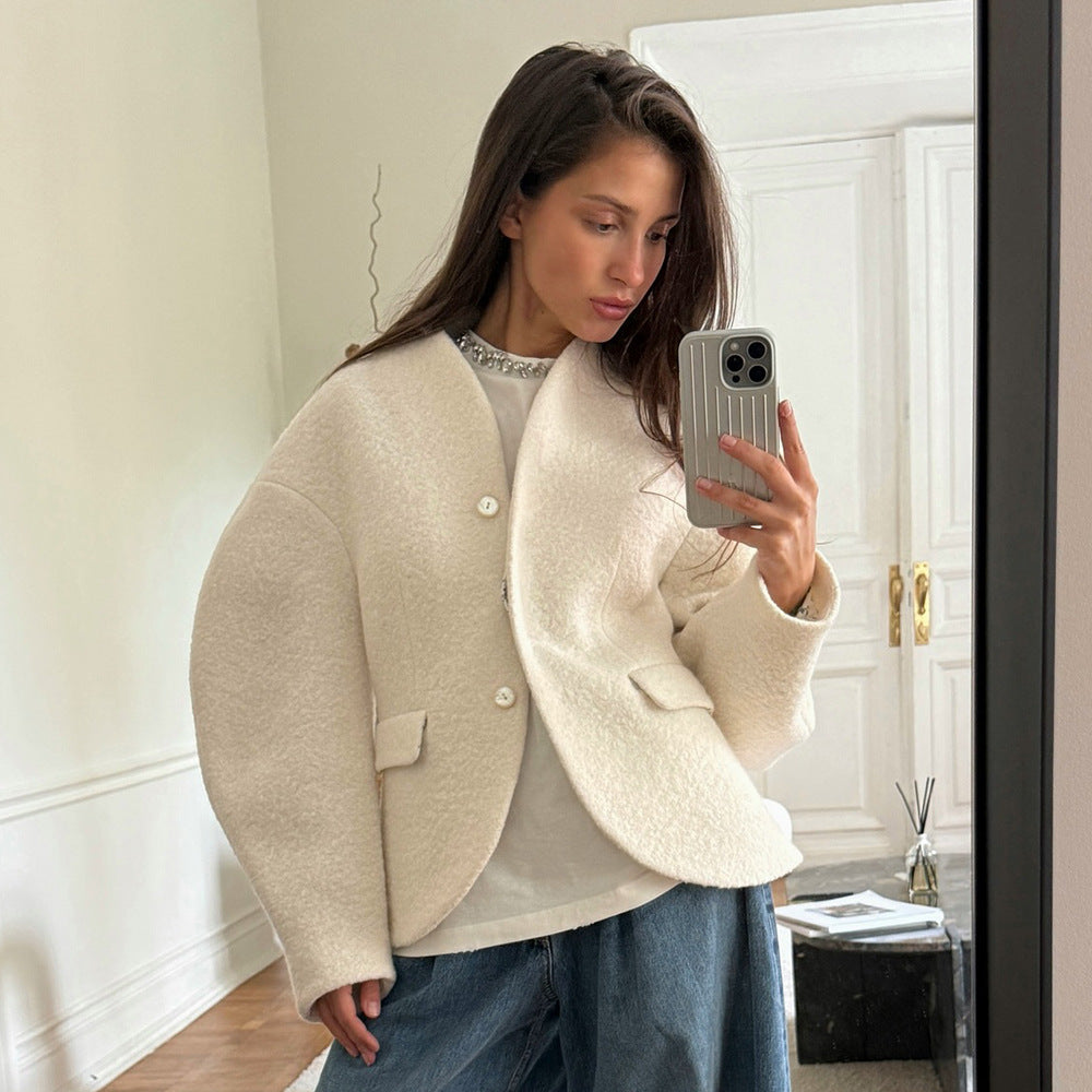 Dame Trendy Boucle Jakke med Droppede Skuldre og Knaplukning Stilla
