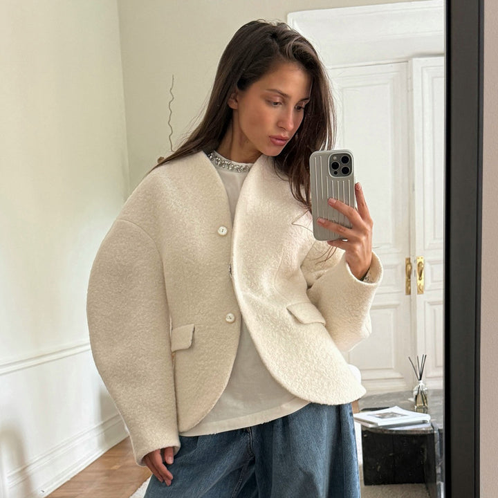 Dame Trendy Boucle Jakke med Droppede Skuldre og Knaplukning Stilla