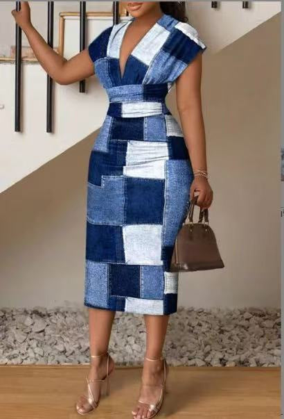 Dame Patchwork Denim Midi Kjole Stilla