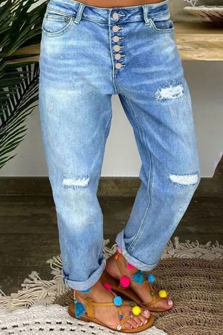 Dame Boyfriend Jeans med knapstolpe og afslappede destroyed-detaljer Stilla