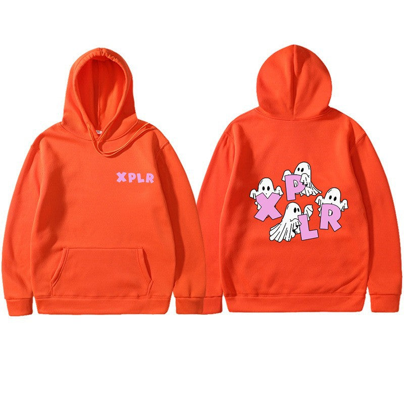 Dame hoodie med kreativt spøgelsesmotiv og kangaroo lomme Skovae