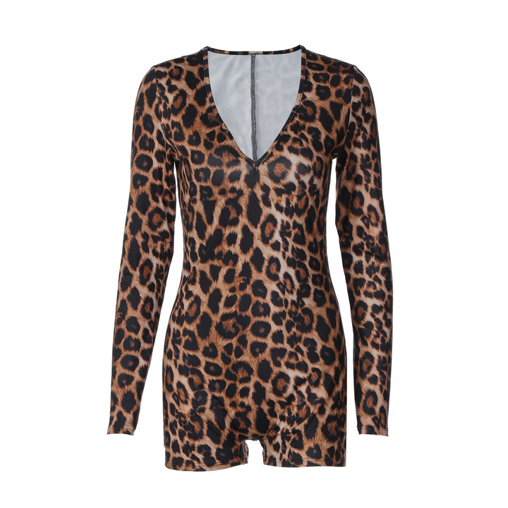 Dame stilfuld leopardmønster bodysuit med V-udskæring og lange ærmer Skovae