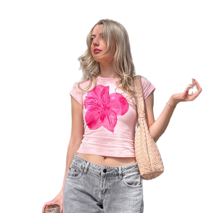 Dame T-shirt med blomstertryk og tætsiddende pasform Skovae