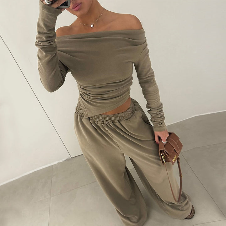 Dame Casual Lounge-sæt med off-shoulder top og bred bukseben Stilla