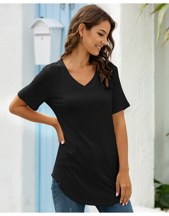 Dame V-hals T-shirt med asymmetrisk kant Stilla