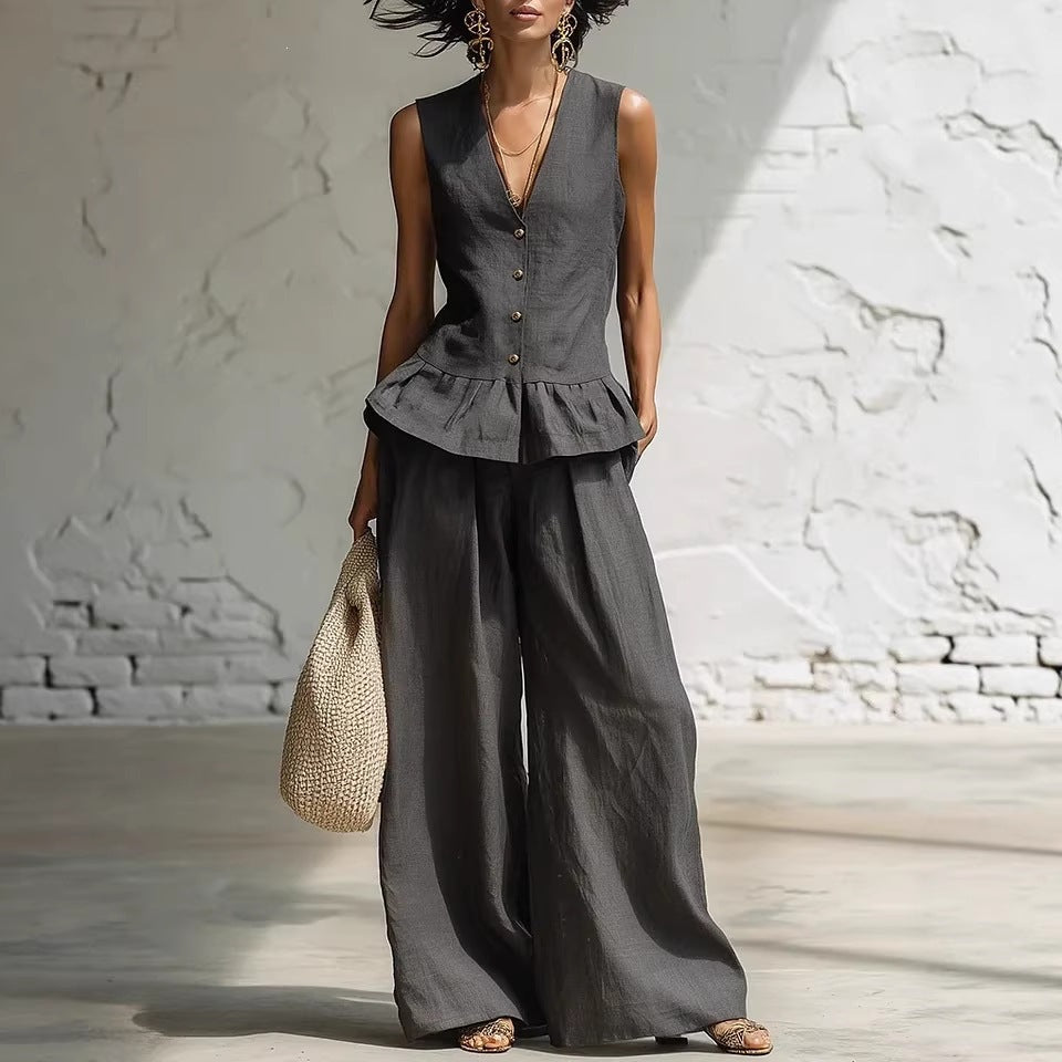 Dame casual jumpsuit med peplum skæring og knapdetaljer Skovae