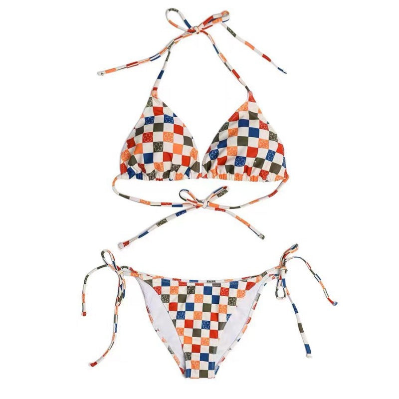 Dame Skakbræt mønster Triangle Bikini Sæt med justerbare bånd Stilla