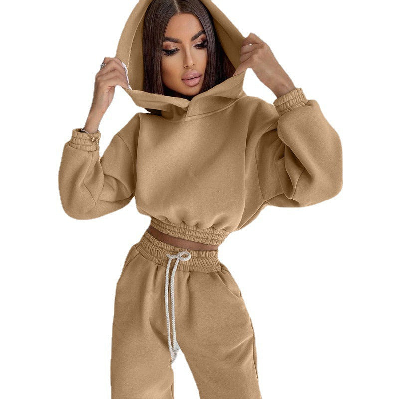 Kvinders Casual Sweat Loungewear Sæt med Croppet Hoodie og Behagelige Bukser Skovae