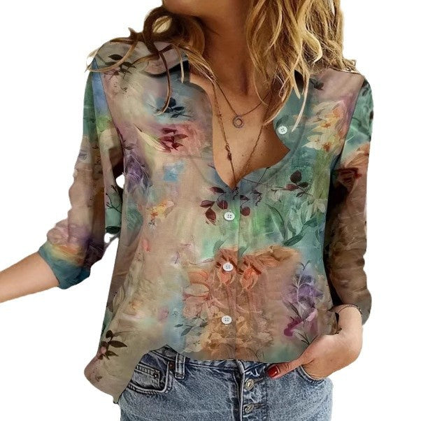 Dame Gennemsigtig Bluse med Blomsterprint og Knapliste Stilla