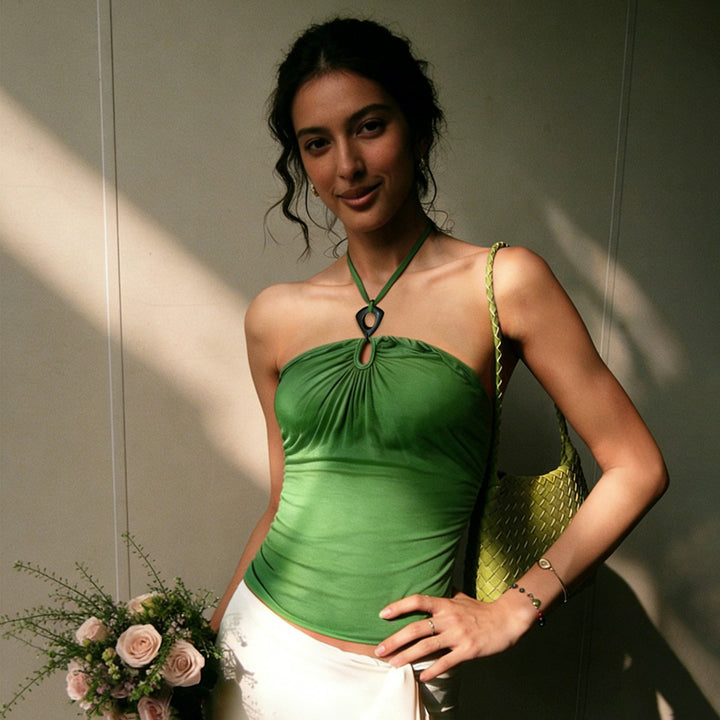 Dame elegant tanktop med raffinerede flæsedetaljer og bindebånd Skovae