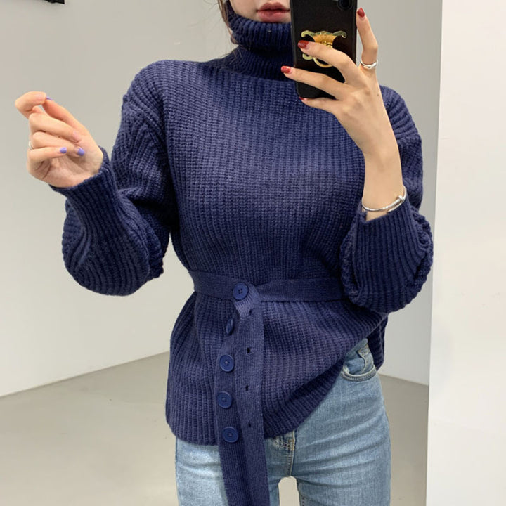 Kvinders chunky strikket sweater med høj krave og bælte i taljen Stilla