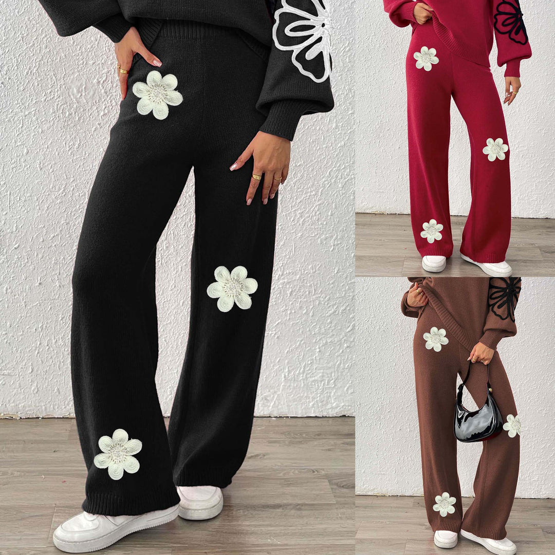 Dame strikbukser med blomstret design og bredt ben Stilla