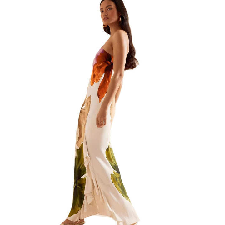 Dame One-Shoulder Maxikjole med blomsterdesign og elegant flæsekant Stilla