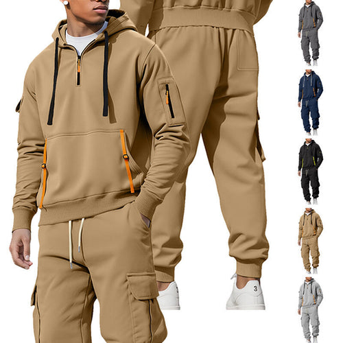 Herre casual halv-zip hoodie med kængurulomme og cargo joggerbuksen med lynlåsdetaljer Skovae