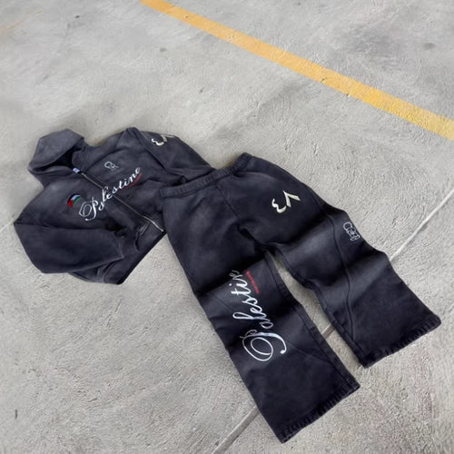 Unisex nan Oversize Hættetrøje-Sæt i Vintage-look med lynlås, sigende broderi og brede Sweatpants Skovae