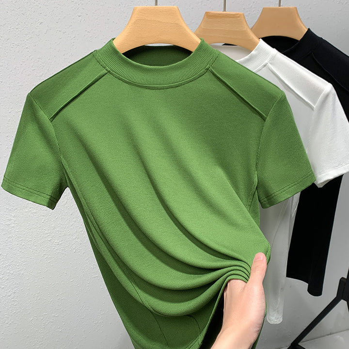Dame kortærmet T-shirt med høj ståkrave og fin ribstruktur Stilla