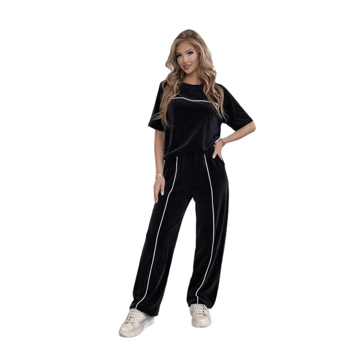 Kvinders Velour Loungewear Sæt med Komfortabel Pasform og Kontrasterende Detaljer