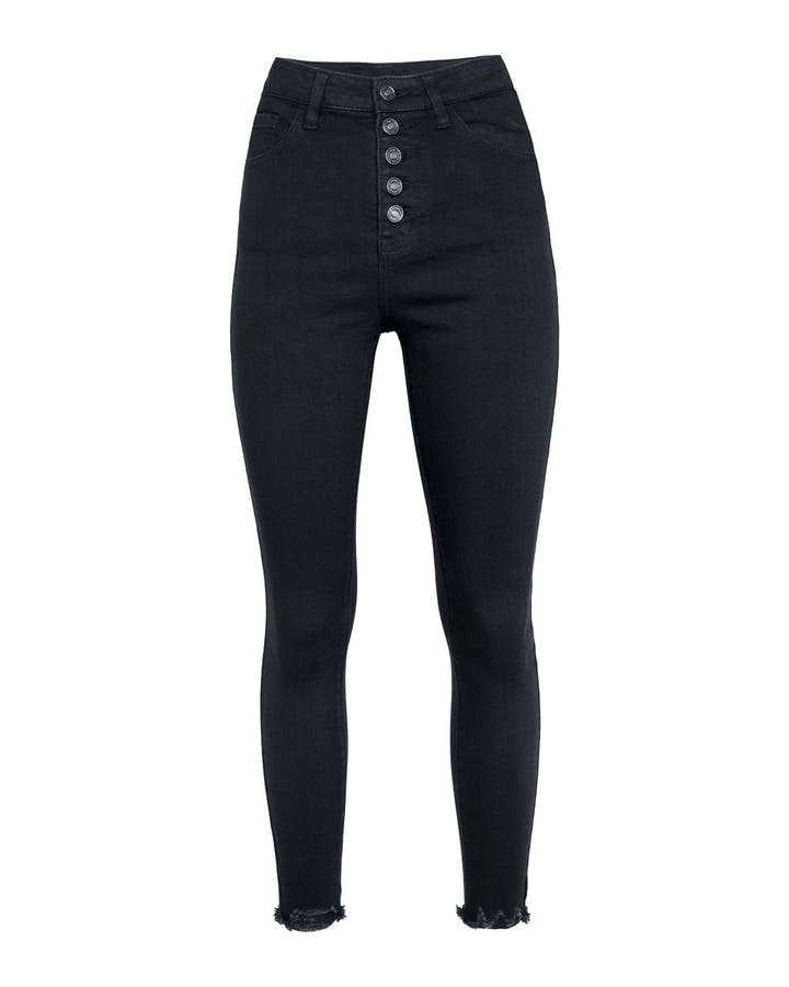 Dame High-Waist Jeans i moderne snit med knapdetalje og frynset kant Stilla