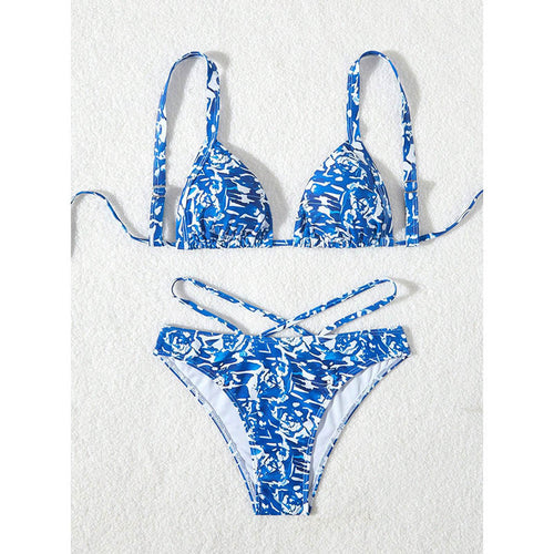 Dame triangel-bikini med kreativt blomstertryk og justerbare snørredetaljer Skovae