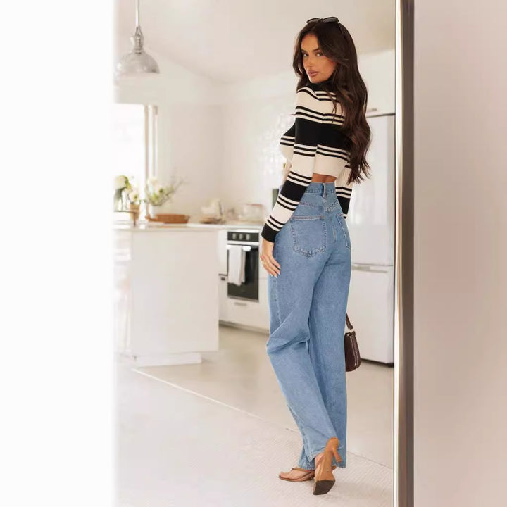 Dame Bred Skåret Jeans med Høj Talje og Løs Pasform Stilla