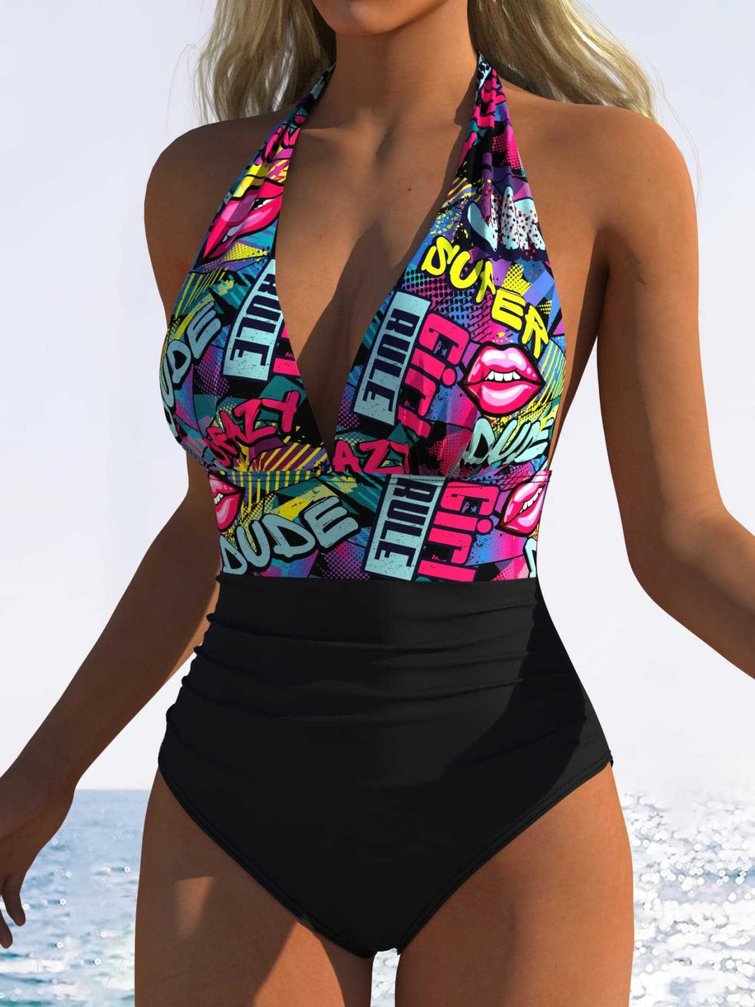 Dame one-piece badeanstalt med floral V-udskæring og høj talje Skovae