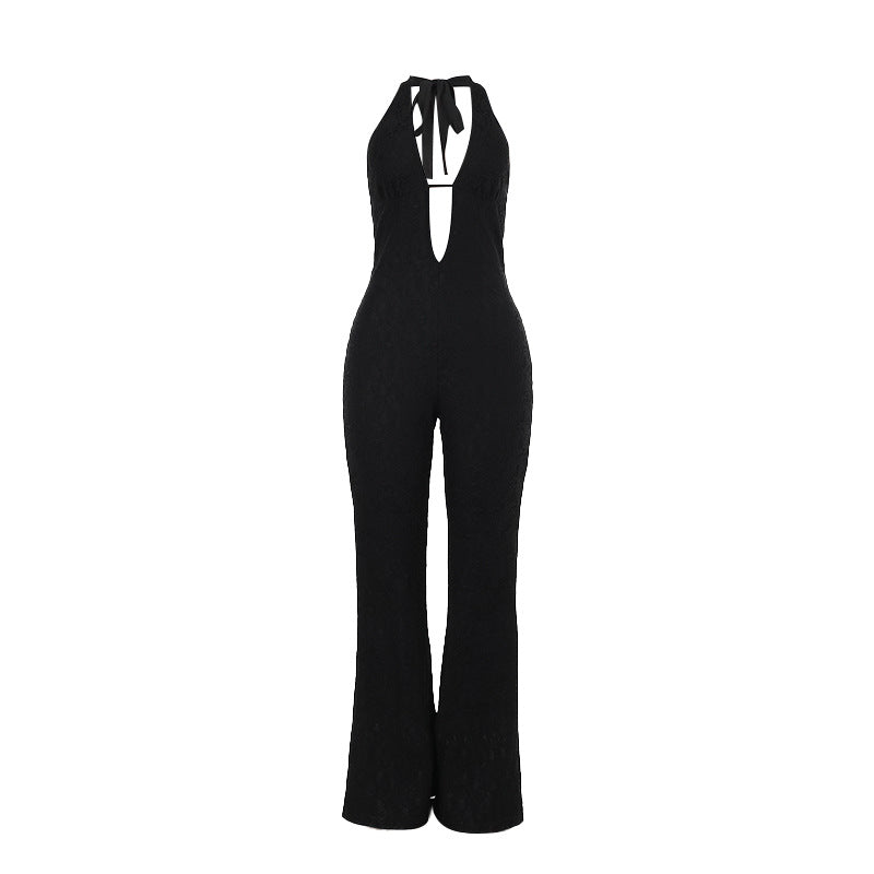 Dame elegant jumpsuit med dyb V-udskæring og udvidet ben Skovae