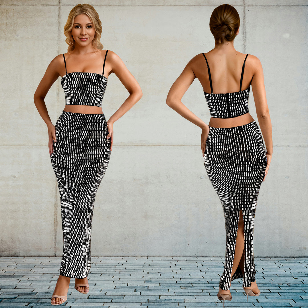 Dame Glamourøst To-delt Outfit lavet af glitrende mesh med høj talje nederdel Stilla