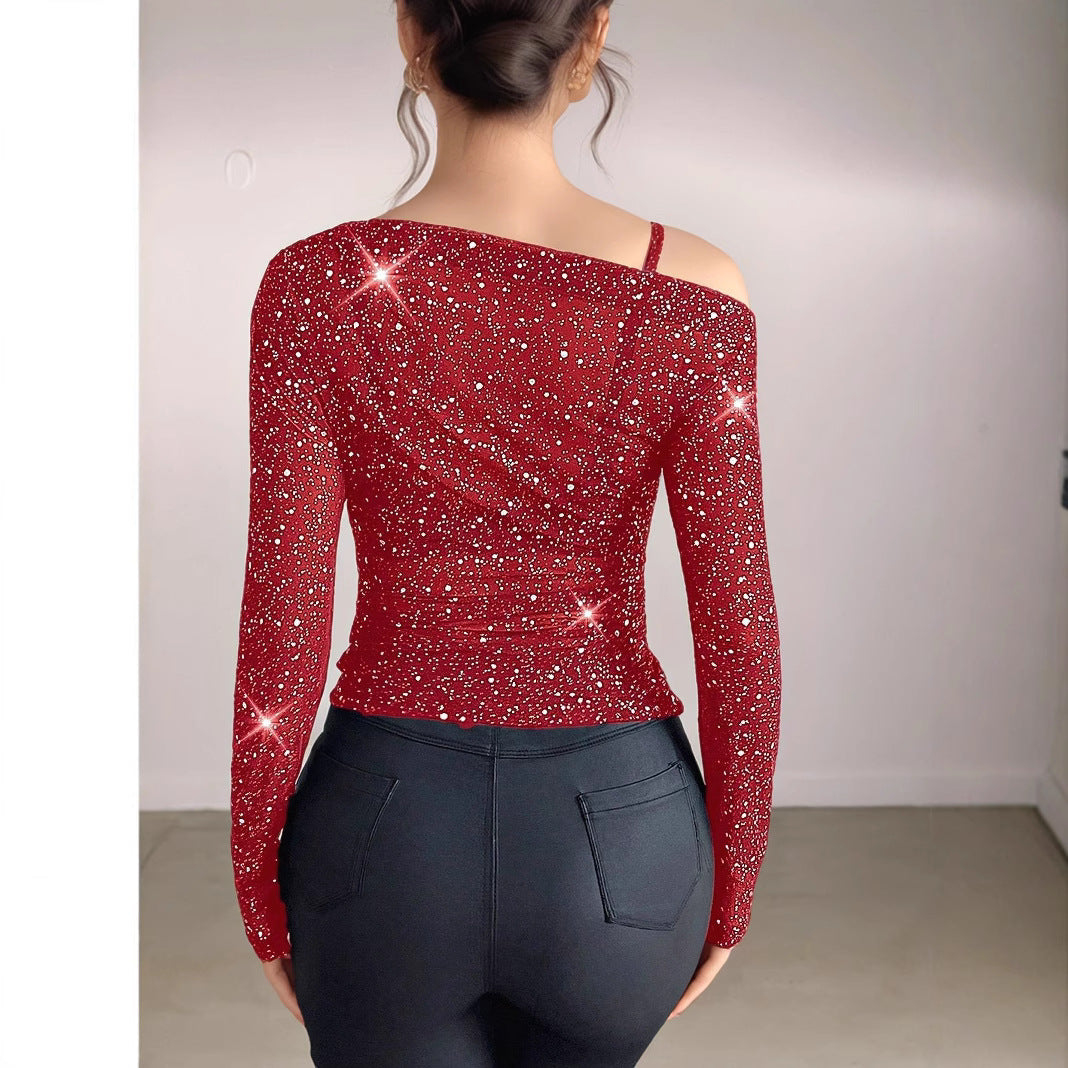 Dame Off-Shoulder Glitrende Mesh-Oberdel Stilla