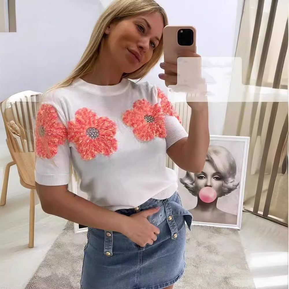 Dame strikpullover med blomster 3D-design Stilla