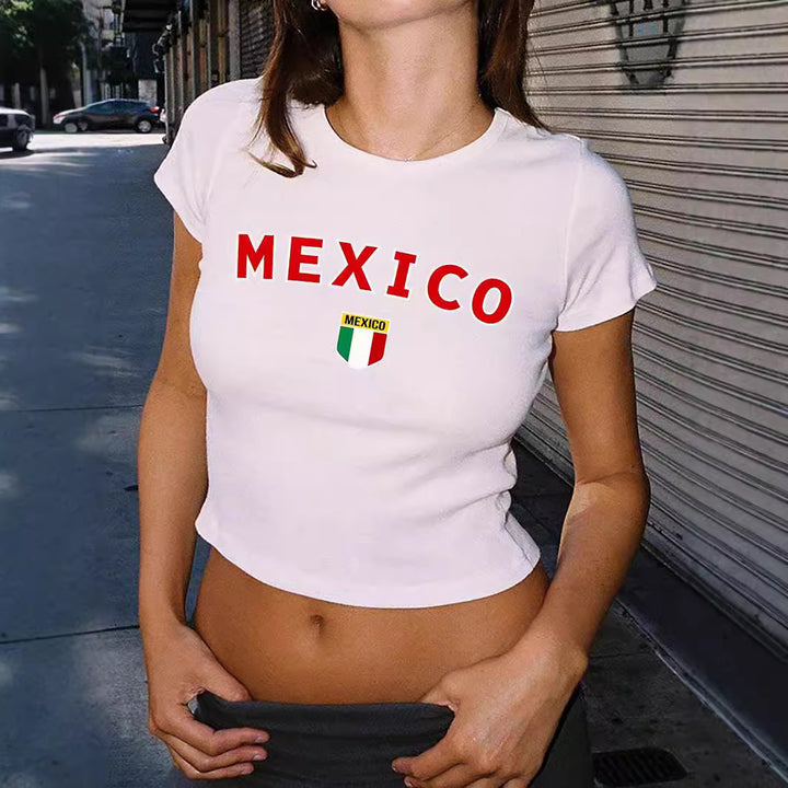 Dame Crop-T-shirt med kreativ grafiktryk og stilfuld skrift Skovae
