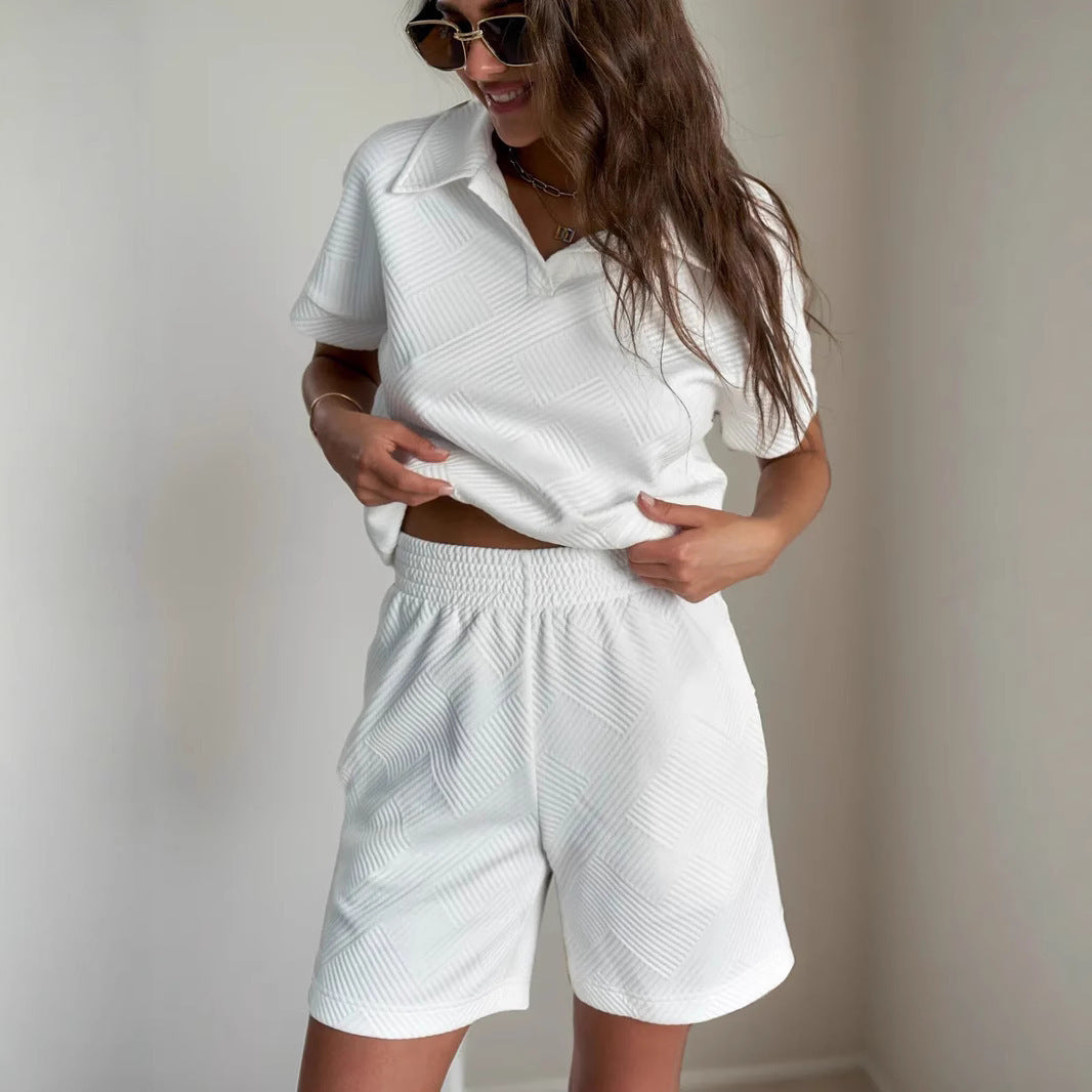 Kvinders afslappede polo shirt og shorts sæt med tekstureret materiale