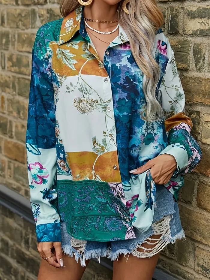 Dame dekorativ og legesyg designet bluse i patchwork-stil Stilla