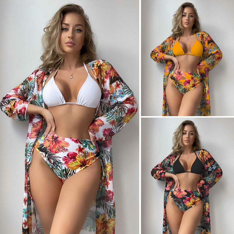 Dame Højtaljet Bikini med blomster Cover-Up Skovae
