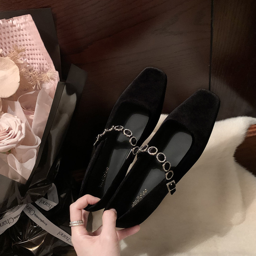 Dame Elegante Firkantede Tå Mary Jane Flats med Dekorative Ædelstensremme Stilla